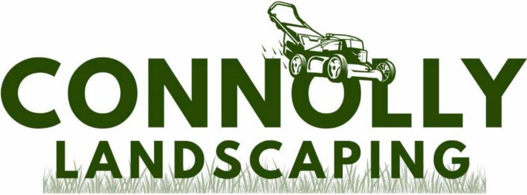 Logo for Connolly Landscaping with a graphic of a lawn mower integrated into the text. The word CONNOLLY is bold, and LANDSCAPING is below it, with grass at the bottom of the image.