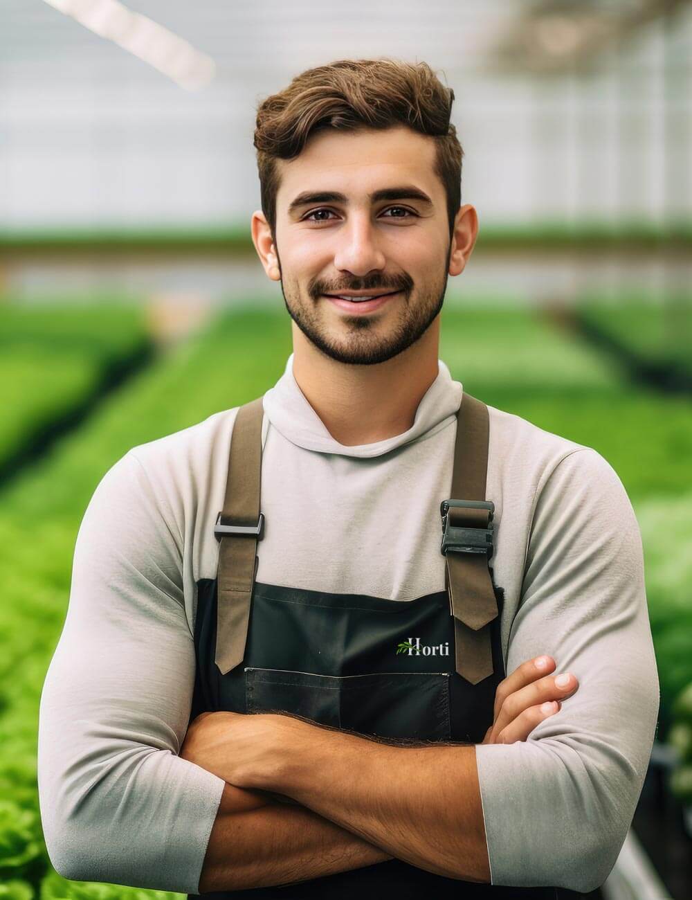 A young man in a gray shirt and black apron stands with arms crossed, smiling in a greenhouse filled with green plants.
