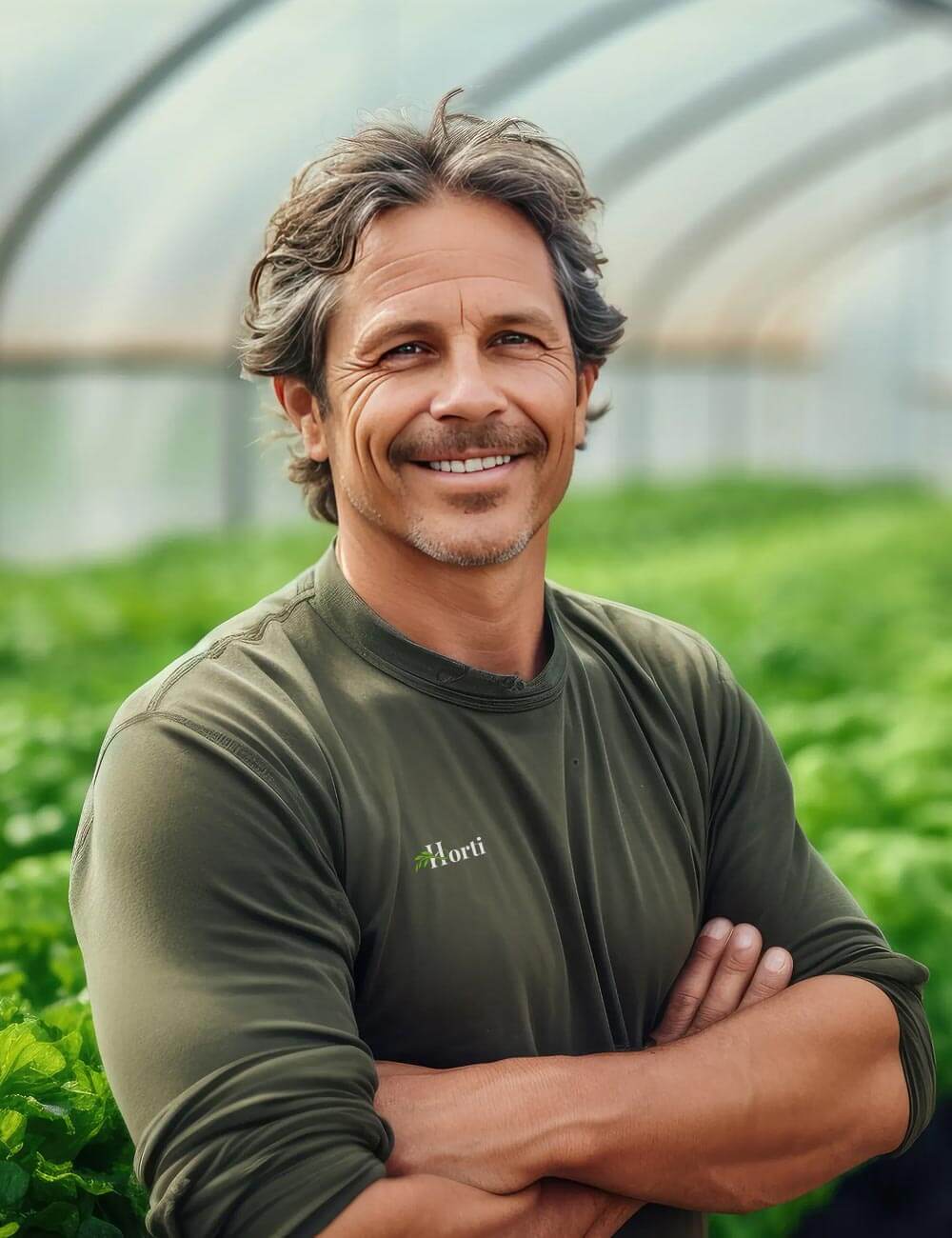 A man with wavy brown hair and a mustache smiles with arms crossed, standing in a greenhouse surrounded by green plants. He is wearing a green shirt with Horti written on it.