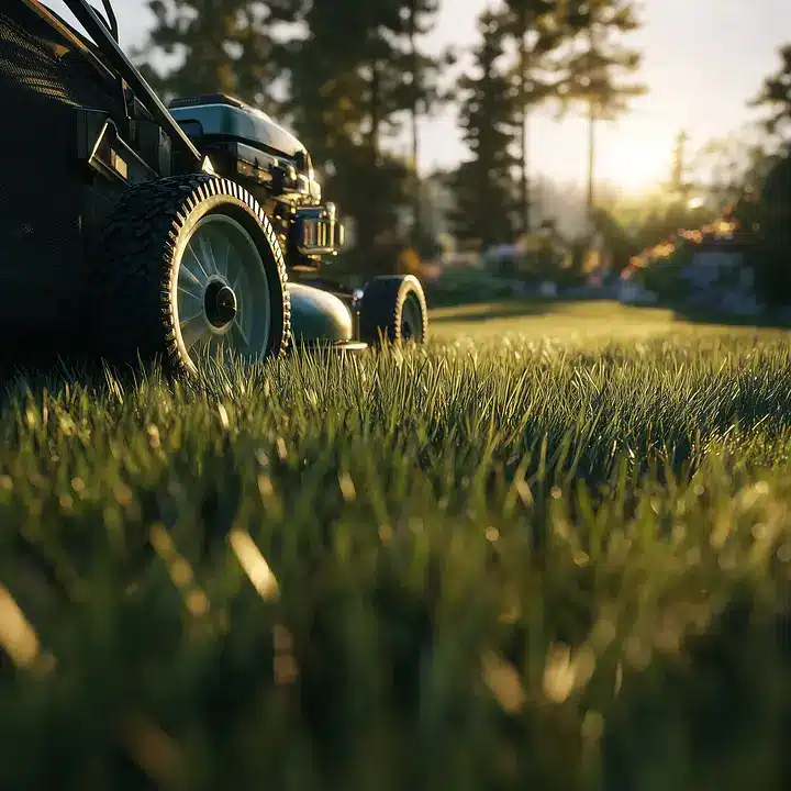 A close-up of a lawn mower on green grass in a sunlit yard, with trees and warm sunlight in the background, suggesting early morning or late afternoon.